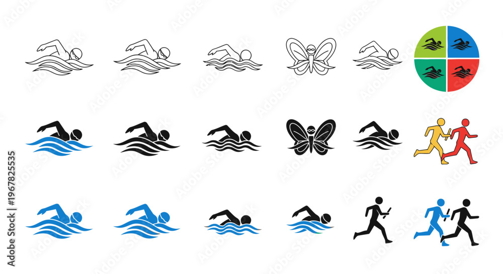 Fototapeta premium Dynamic vector icon collection portraying swimmers in motion, elegant butterflies, and athletic runners, ideal for sports, fitness, and nature-inspired design elements