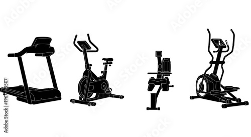 Set of four different exercise machines, including a treadmill, stationary bike, rowing machine, and elliptical, shown in silhouette