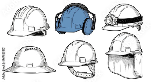 Diverse collection of safety headwear designs, showcasing various hard hats and protective helmets essential for industrial, construction, and workplace safety