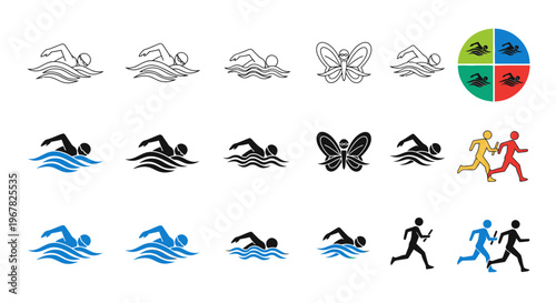 Dynamic vector icon collection portraying swimmers in motion, elegant butterflies, and athletic runners, ideal for sports, fitness, and nature-inspired design elements