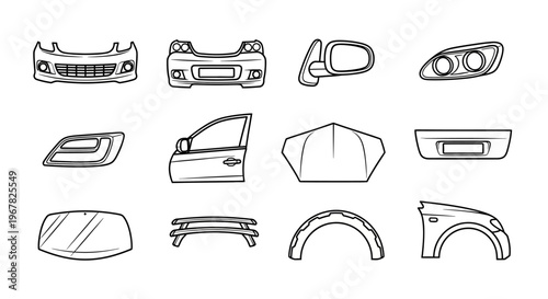 Comprehensive Line Art Collection of Automotive Body Parts and Exterior Components Vector Icons. Ideal for Car Repair Shops, Vehicle Maintenance Services, and Auto Industry Designs