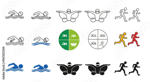 Dynamic Sports Activity Icon Set Featuring Diverse Athlete Silhouettes and Line Art Graphics for Swimming, Running, and Wingsuit Flying, Perfect for Various Design Projects and Applications