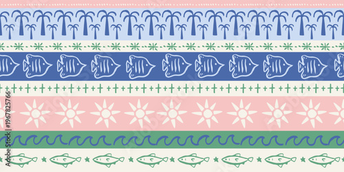 Seamless pattern with freehand ink doodle abstract fishes, palm tree, sun in stripes.Trendy tropical horizontal line background. Hand drawn vector illustration.Boho, coastal beach, jungle wallpaper.
