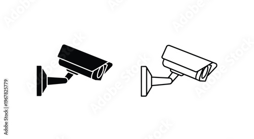 Two security cameras depicted in a simple black and white illustration