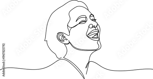 Smiling woman with short hair looking up.