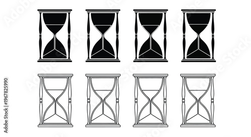 Arrangement of eight black and white hourglasses displaying varying sand levels