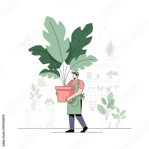 Man carrying large potted plant in a plant shop.