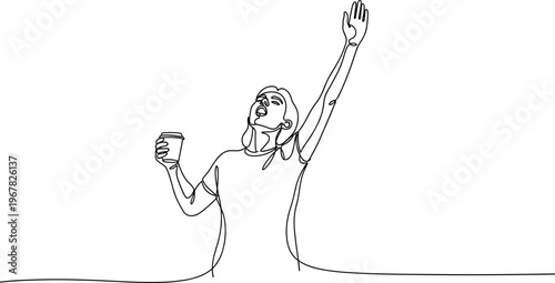 Woman with raised arm and coffee.