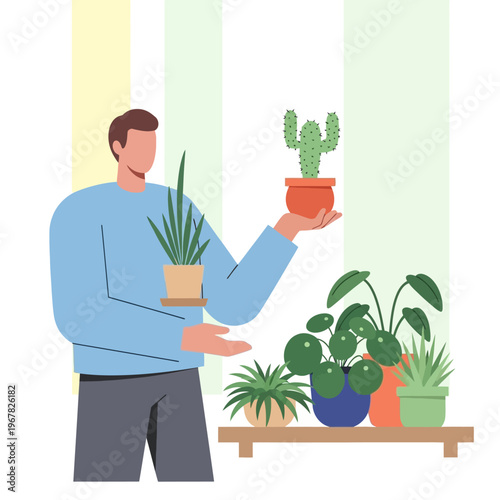 Man holding potted plants in a room with more plants on a shelf.