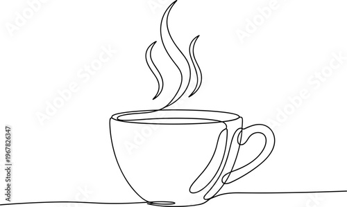 Steaming hot coffee cup with handle.