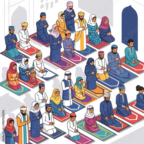 Muslims praying on colorful mats 1.