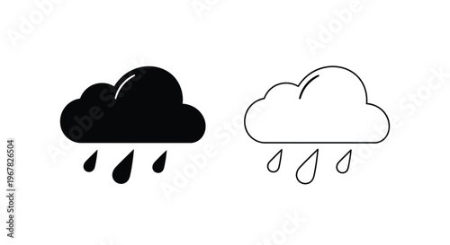 Black and white illustration of raining clouds solid and outline versions