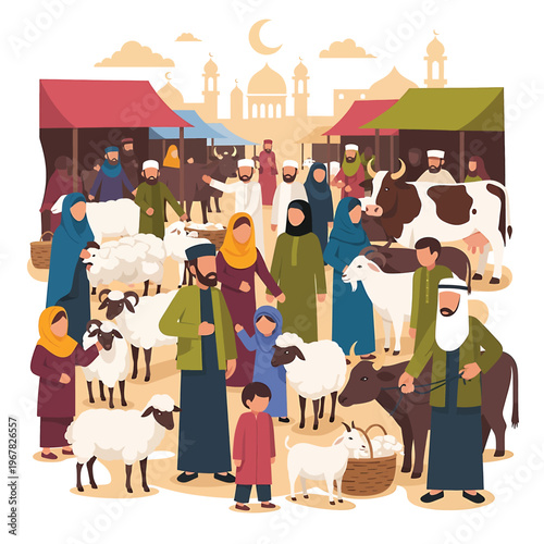 People and animals at marketplace.