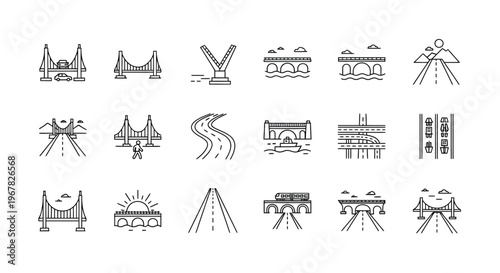 Line art illustrations depicting various types of bridges and roadways