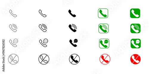 Phone Icon Set, Call Telephone Symbols, Mobile Communication Line Icons, Contact Call Vector