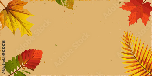Autumn leaves frame a neutral beige background creating a fall aesthetic