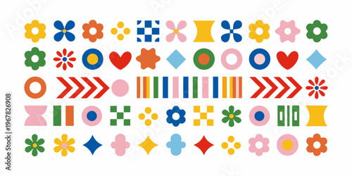 A colorful assortment of abstract floral and geometric shapes arranged neatly