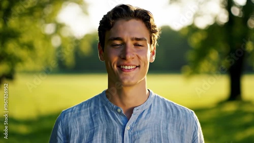 Young man smiling outdoors in a sunny park