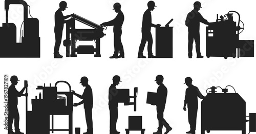 Industrial factory workers silhouettes operating heavy machinery, manufacturing equipment, packing boxes, and managing production line processes in a modern warehouse facility.