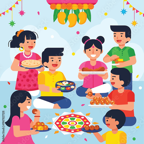 People eating food together happily.