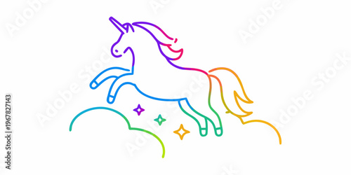 A colorful line drawing depicts a majestic unicorn rearing upwards