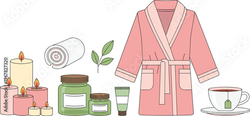 A colorful illustration depicts a relaxing scene with a pink robe candles tea and spa elements promoting wellness high quality professional detailed modern