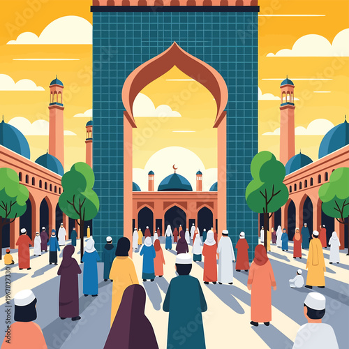 People in traditional clothing walking mosque.