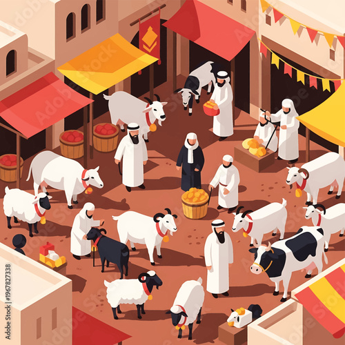 People in robes with cows and sheep.