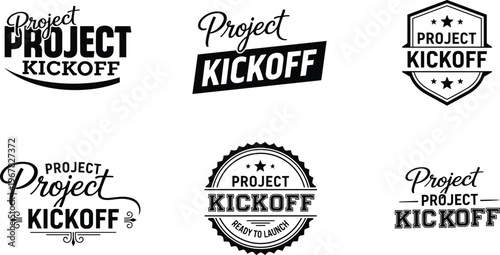 The image displays various logo designs for project kickoff utilizing different fonts shapes and embellishments high quality professional detailed modern elegant stylish clean