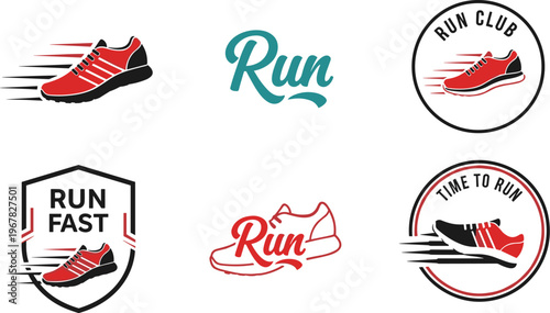 A collection of dynamic running themed logos featuring red and black sneakers text and circular badges high quality professional detailed modern elegant stylish