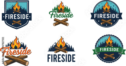 A collection of logo designs featuring a stylized campfire with fireside lettering and surrounding natural elements high quality professional detailed modern elegant stylish
