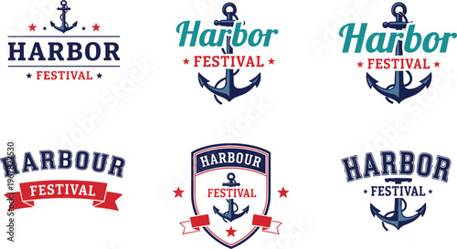A collection of harbor festival logos featuring nautical anchors stars and various typographic styles alongside ribbon details high quality professional detailed modern elegant