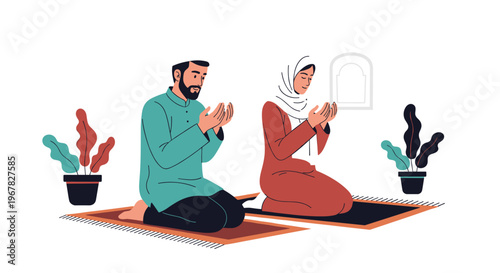 Muslim man and woman kneeling on prayer rugs during their daily spiritual prayer ritual with potted plants in the background scene.