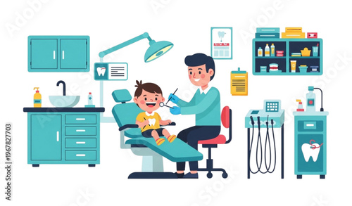 Playful dentist and child teeth examination illustration for kids’ dental health and oral hygiene education