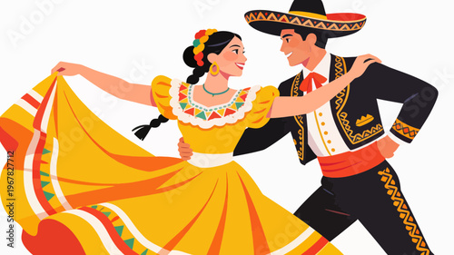 Vibrant Mexican Couple Dancing in Traditional Folklorico Outfits Celebrating Mexican Culture and Heritage