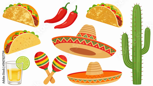 Vibrant Mexican Fiesta Elements Tacos, Sombreros, Maracas, Cactus, and Tequila for Celebration and Culture