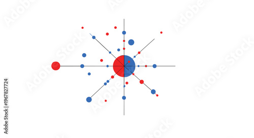 Scientific diagram showing a central red and blue atom surrounded by multiple smaller orbiting particles and mathematical axes.