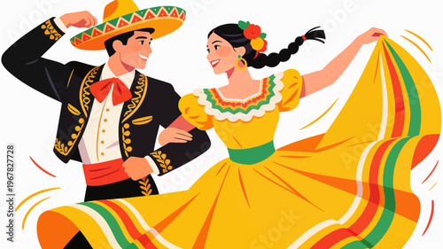 Vibrant Mexican couple in traditional attire dancing joyfully at a festive celebration, embodying cultural heritage and lively spirit