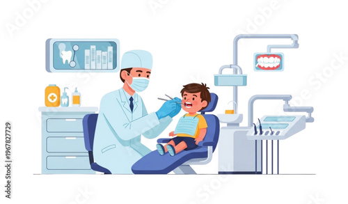 Cute dentist examining child’s teeth illustration emphasizing kids’ dental health and oral hygiene