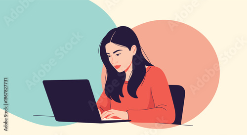 Young woman focused on her laptop computer while working or studying at a table with colorful abstract circles in the background.
