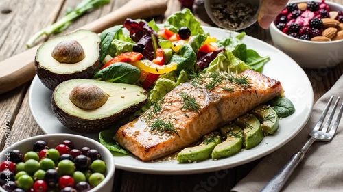 A delicious and healthy meal featuring a perfectly cooked fillet of fish served with fresh avocado slices and a vibrant green salad on a rustic