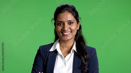 Confident professional woman smiling against green background