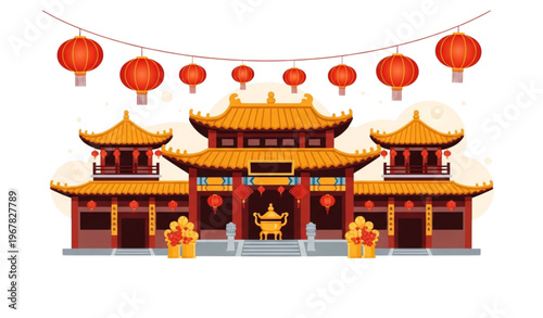 Festive Chinese temple illustration with lanterns and courtyard decorations for New Year celebration and cultural art