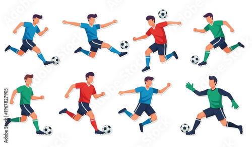 Dynamic soccer player illustration set with kicking running jumping and goalkeeping poses for football energy design