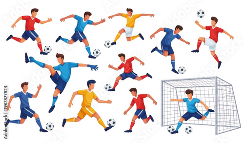 Colorful soccer player cartoon collection with dynamic running kicking jumping and goalkeeping football poses