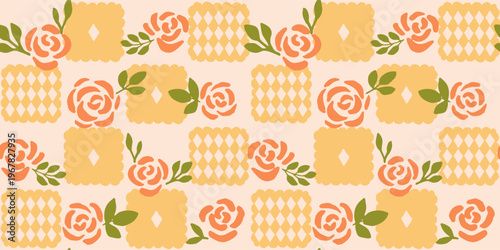 Seamless checkered pattern with Hand drawn ink vector flower and diamonds. Square tiles vector illustration. Trendy aesthetic colourful background. Boho, cottage core yellow and red wallpaper.