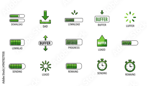 Green loading and progress bar UI icon set with download upload buffer and time indicators for web and app design