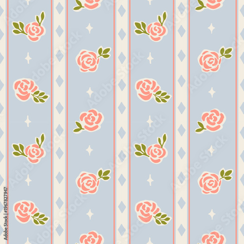 Seamless pattern with freehand ink doodle abstract roses. Trendy floral block print vertical stripe background. Hand drawn vector illustration. Boho, cottage core, retro wallpaper.