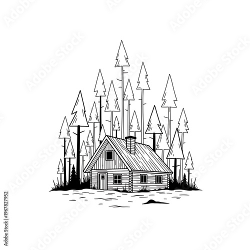 Rustic Forest Cabin & Pine Trees Line Art | Wilderness Landscape & Nature Outline Drawing