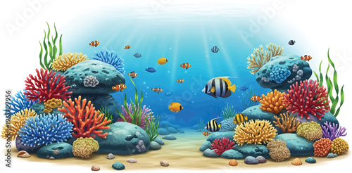 Colorful Coral Reef with Tropical Fish Swimming Underwater